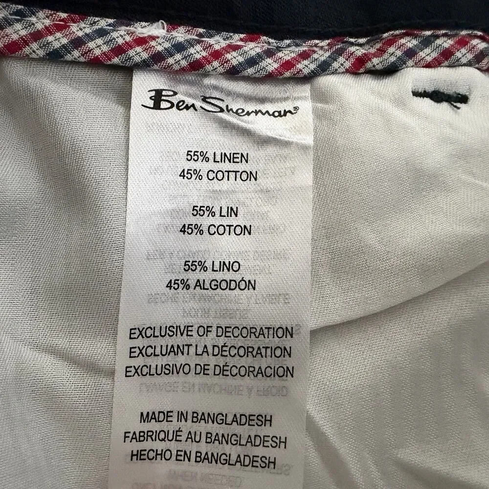 Ben Sherman Mens 32x32 Navy Blue Pants Slim Fit Linen Blend Flat Front (33x29.5)